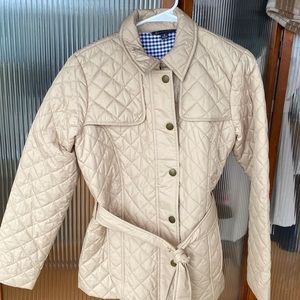 Beige, quilted puffer jacket with waist tie
